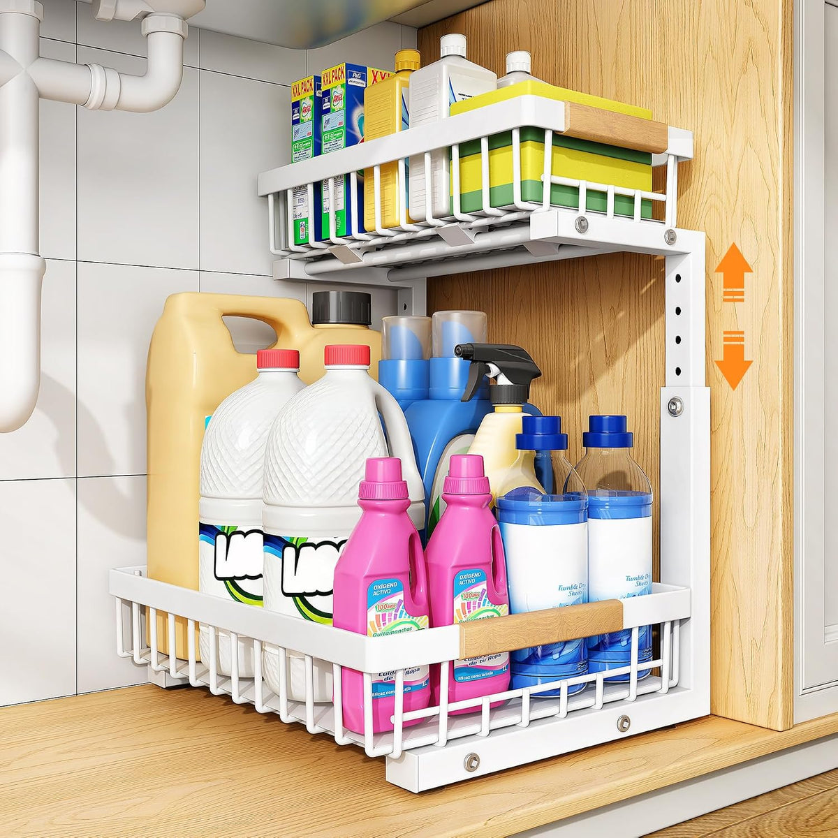 Under Sink Organizer, Adjustable Height, 2 Tier Pull Out Under Cabinet Organizer, Slide Out Thickened Metal Under Sink Storage for Kitchen Bathroom Laundry Pantry Cabinet, White, Large-1-Pack