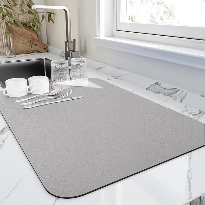 HotLive Dish Drying Mat for Kitchen Counter, Heat Resistant Drainer Mats with Non-slip Rubber Backed, Hide Stain Kitchen Super Absorbent Draining Mat, Easy to Clean Dish Rack Pad, Grey 18"x28"