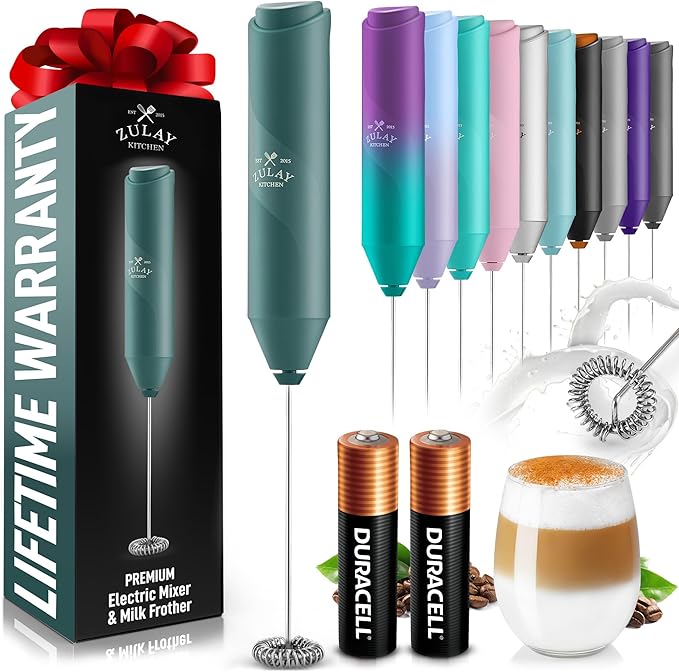 Zulay Kitchen Powerful Milk Frother AA Batteries Included – Ultra Fast Handheld Drink Mixer with Stainless Steel Whisk Stirrer for Coffee, Protein, Matcha & More, Frother Wand Electric Frothmate Green