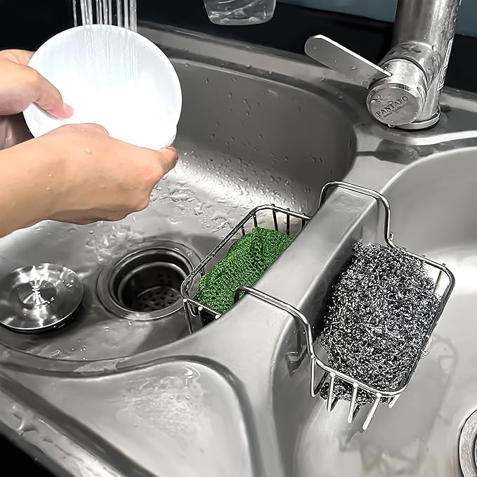 BuleVina Stainless Steel Sponge Holder for Kitchen Sink - Never Rust Hanging Saddle Double for Soap Kitchen Sink Caddy 2.2 inch, Rustproof Organizer for Dishwashing and Brush Drying