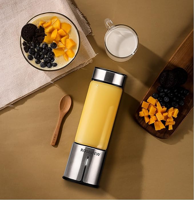 Portable Smoothie Blender ROSEVIEW Glass Cordless Mini Shakes Cup blend for smoothies USB rechargeable juicer 2 battery Handheld Personal travel Jet mixer (Metallic)