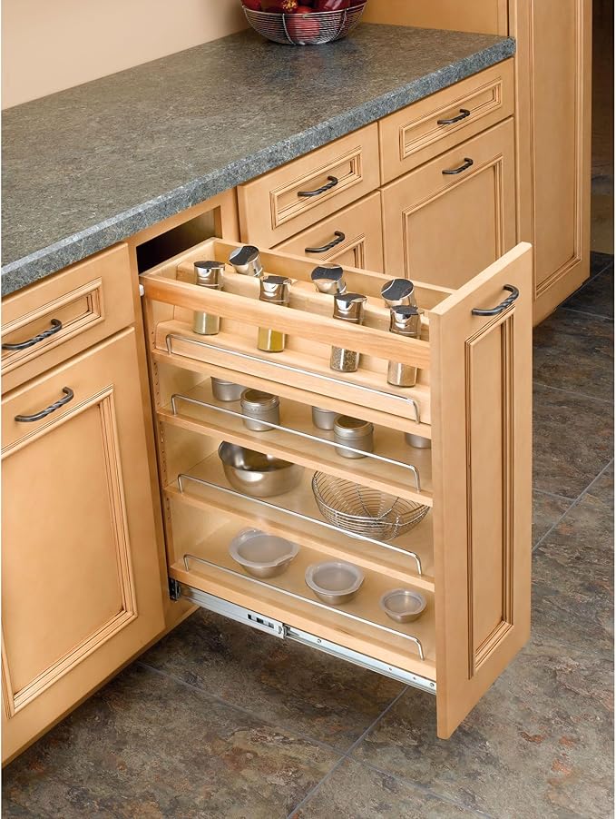 Rev-A-Shelf Maple Pullout Organizer for Full Height Base Cabinets, Full Extension Slides & Adjustable Shelves, Min Opening Width of 8.5", 448-BC-8C