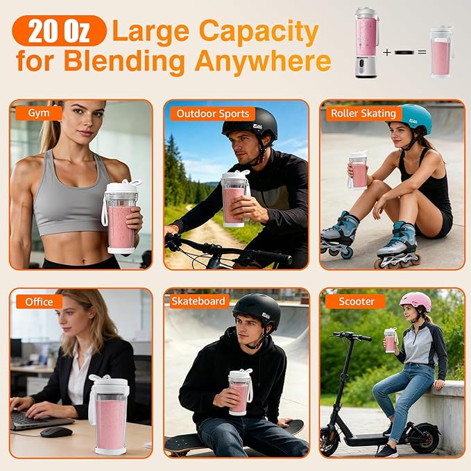 Portable Personal Size Blender for Smoothies - Cordless Mini Blender With Powerful Blending, 20oz BPA-Free Juice Cup With Leak-proof Travel Lid, Type-C Rechargeable, Freshly Squeezed in Gym/Picnic