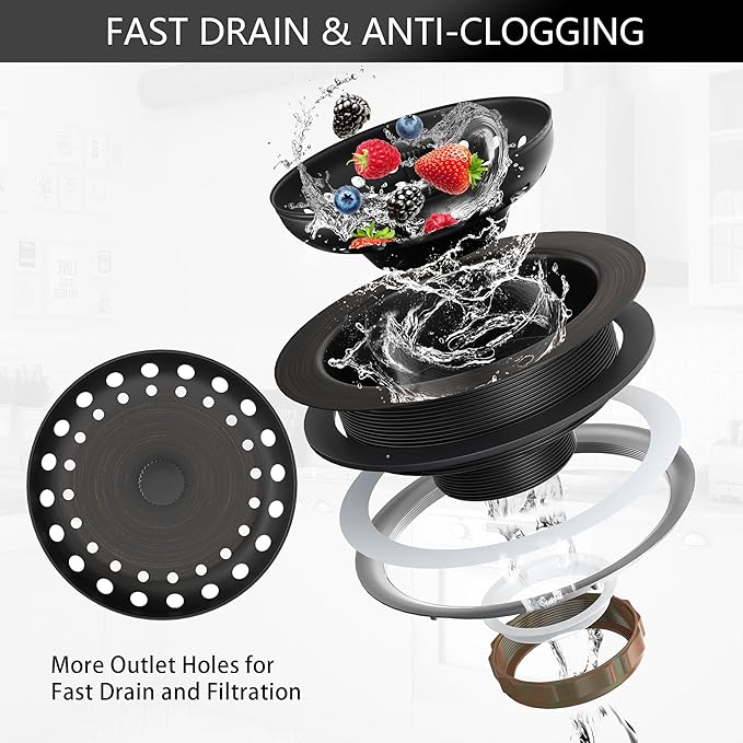 Kitchen Sink Drain Bronze 3-1/2 Inch Stainless Steel Kitchen Drain Strainer Assembly Kit with Strainer Basket and Drain Stopper for Standard Sink Drains Oil Rubbed Bronze