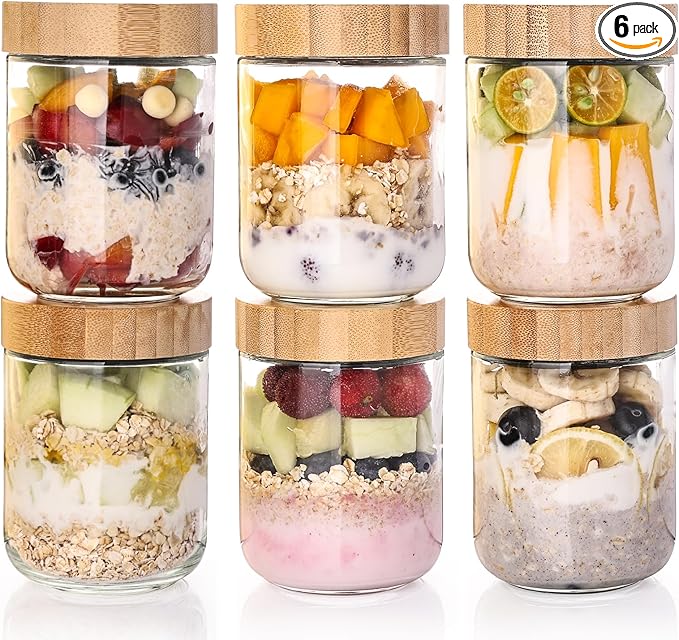 6-Pack 16oz Glass Storage Jars with Bamboo Lids – Airtight Wide Mouth Containers for Overnight Oats, Yogurt, Salad, Snacks & Pantry Storage-Reusable Glass Food Storage Containers