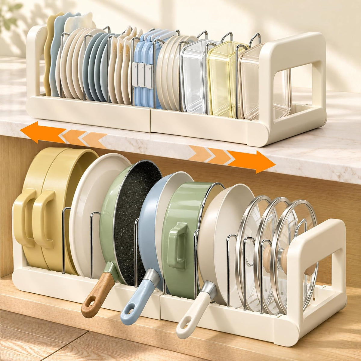 2 Pack Pots and Pans Organizer Under Cabinet, Expandable Pot Lid Organizer
