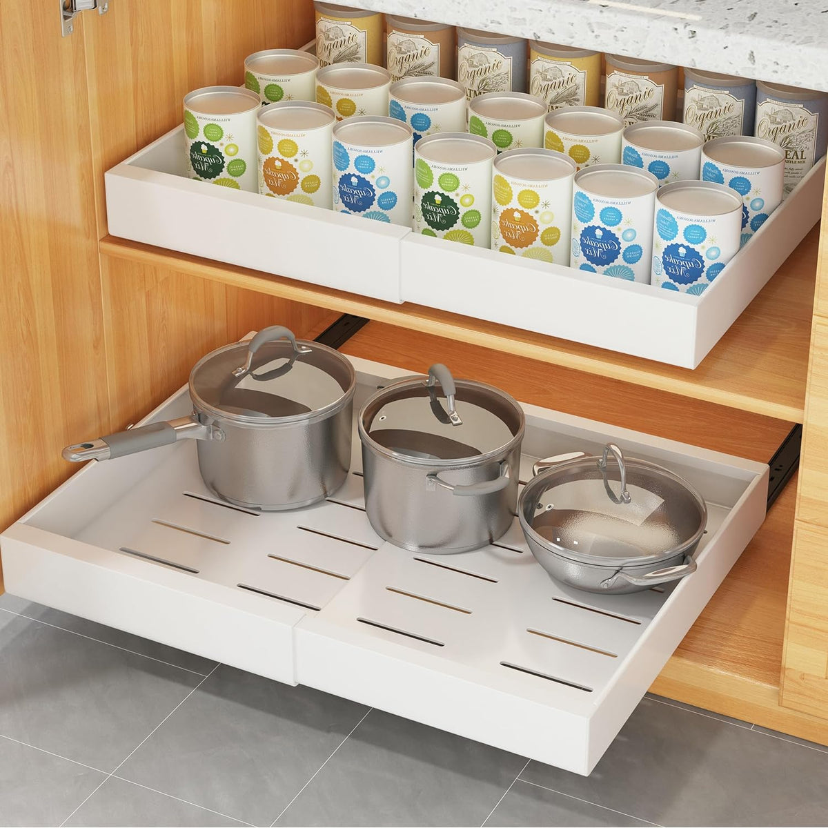 COVAODQ 1 Pack Pull Out Cabinet Organizer Extendable Sliding Slide Out Pantry Shelves Storage No Punch for Kitchen Base Cabinet Organization, Pantry, Bathroom Adjustable Width 12.4" to 20.4"