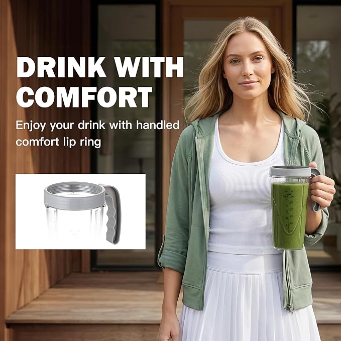 La Reveuse Smoothie Blender for Shakes,Smoothies,Frozen Blending,Salsa,Sauces,Dips,(1) 24oz Cup,(1) Spout Lid,(1) Handled Comfort Lip Ring,1000W,Cool Gray