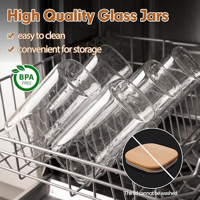 Moretoes 6 Pack 1.2qt Square Glass Storage Containers with Bamboo Press Lids, Airtight Pantry Storage Jars for Flour, Sugar, Dry Goods