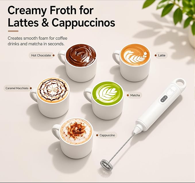 Rechargeable Milk Frother Handheld 3 Speed Coffee Foamer [3 Whisk] Electric Drink Mixer for Latte, Cappuccino, Coffee, Eggs, Hot Chocolate, White