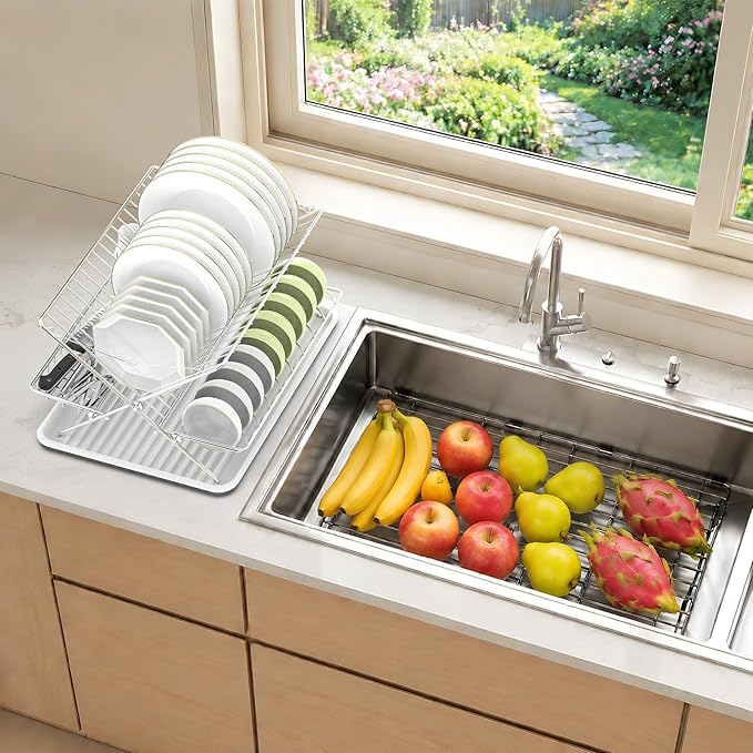 Over The Sink Dish Drying Rack, Collapsible 3 Tier Dish Racks for Kitchen Counter, Stainless Steel Large Capacity Space-Saving Sink Shelf Organizer with Utensil Holder and Drainboard (Upgraded)