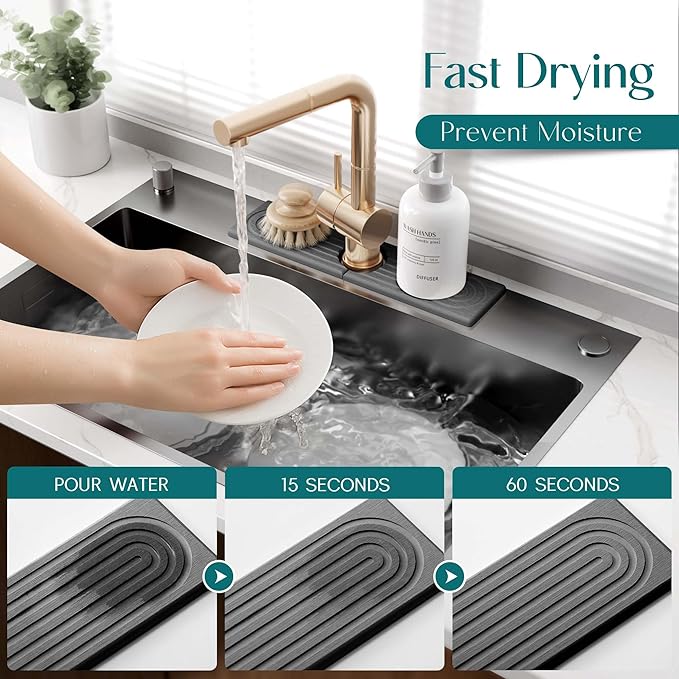 Eormoe Kitchen Sink Faucet Mat - 15.7in Diatomite Sink Protectors for Kitchen Sink, Stone Sink Splash Guard for Kitchen Counter Sink Accessories (Dark Grey, 15.7'' x 3.9'')