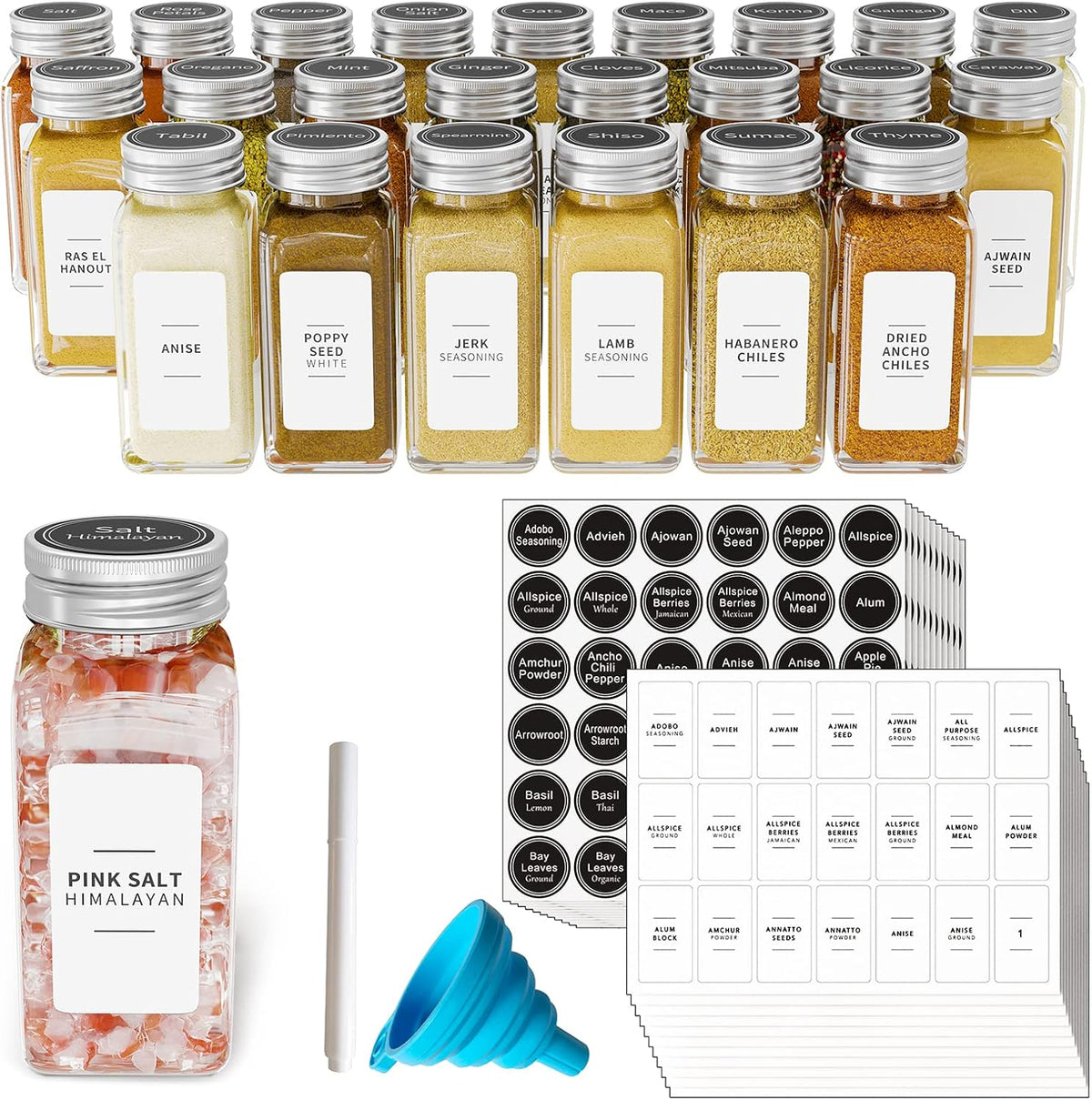 24 Pcs Spice Jars with Labels, Empty 4oz Glass Spice Bottles, Minimalist Farmhouse Spice Labels Stickers with Funnel, Seasoning Containers for Spice Rack, Cabinet and Drawer