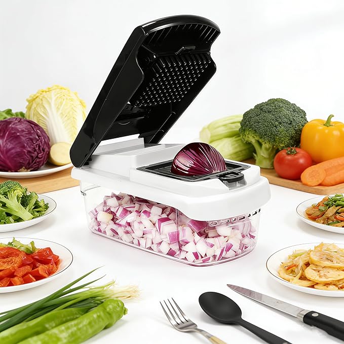 Mandoline Slicer for Kitchen, Vegetable Chopper & Dicer, Professional Food Slicer with Stainless Steel Blades, Safe Veggie Chopper for Onion Potato Carrot Fruit, Easy to Clean