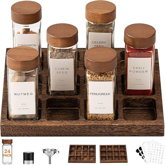 Yangbaga Glass Spice Jars with Labels: 24pc 4oz Square Seasoning Containers and 2pc Rack with Airtight Wood lid,Pepper Grinder,Funnel; Empty Spice Organizer Bottles for Kitchen Drawer Cabinet
