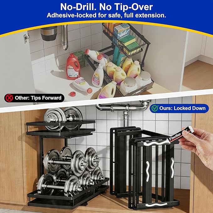 Under Sink Organizer, Dual-Rail Ball-Bearing, Under Kitchen Sink Organizer, 6-Level Adjustable, Under Cabinet Organizer, No-Drill Adhesive/Suction, Under Sink Storage (Black, Double Layer - 2 Pack)