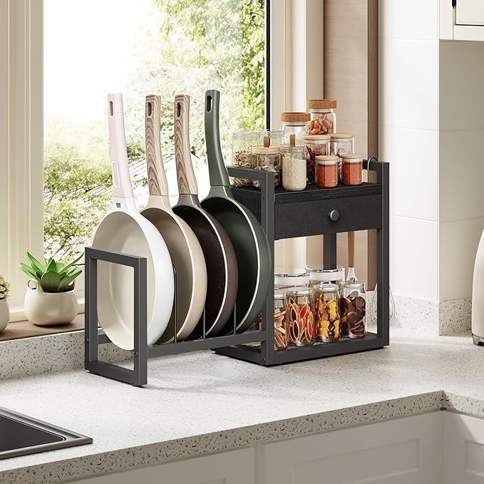 MAHANCRIS Countertop Shelf Organizer, Pots and Pans Organizer Rack, Pot Lid Holder with 1 Drawer, Pot Lid Organizer Holder with 2 Hooks, for Kitchen, Dining Room, Black POBK2201