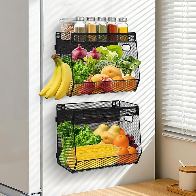 1 SET Magnetic Shelf for Fridge with Lid, Fruit Potato and Onion Storage Bins, Pantry Organizers and Storage, Large Container Magnetic Spice Rack for Refrigerator, Kitchen Counter & Cabinet