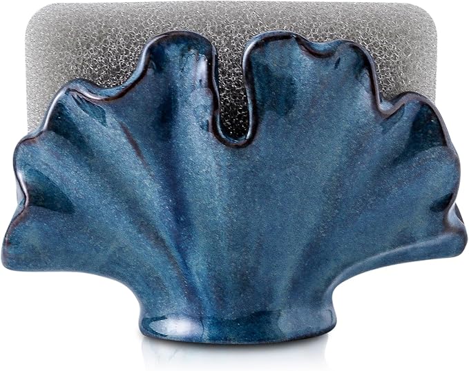 Uiddo Ceramic Sponge Holder,Sponge Holder for Kitchen Sink,Compact Sink Caddy Organizer-Scouring Pad and Dish Sponge Holders,Farmhouse Kitchens Decor Cute Kitchen Gadgets Accessories(Blue)