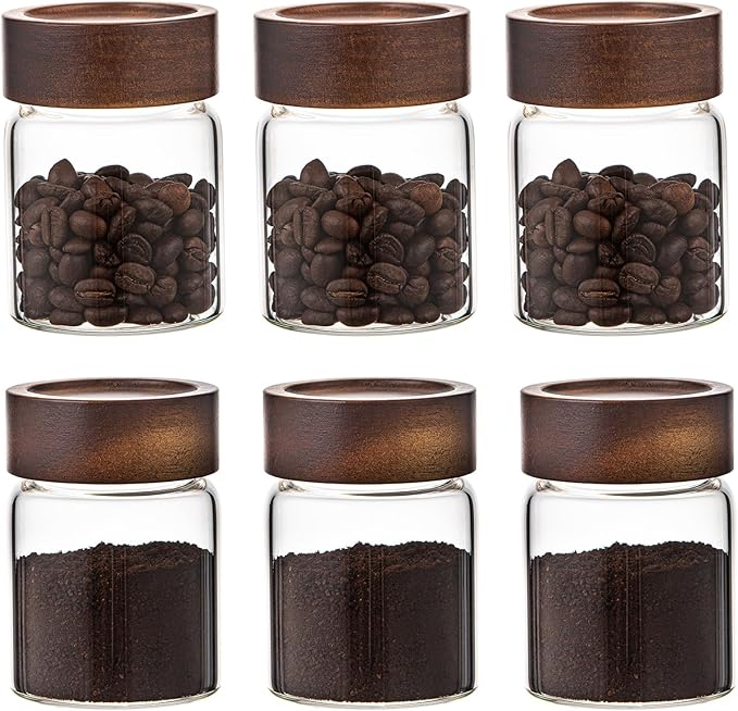 6 pc Glass Spice jars Glass Jars with Screw Lid 5 oz Acacia Wood Glass Herb Sugar Coffee Bean Ground Container Food Storage Canister for Candy Pantry Tea Seasoning Meal Prep Snack (6*150ml(5oz))