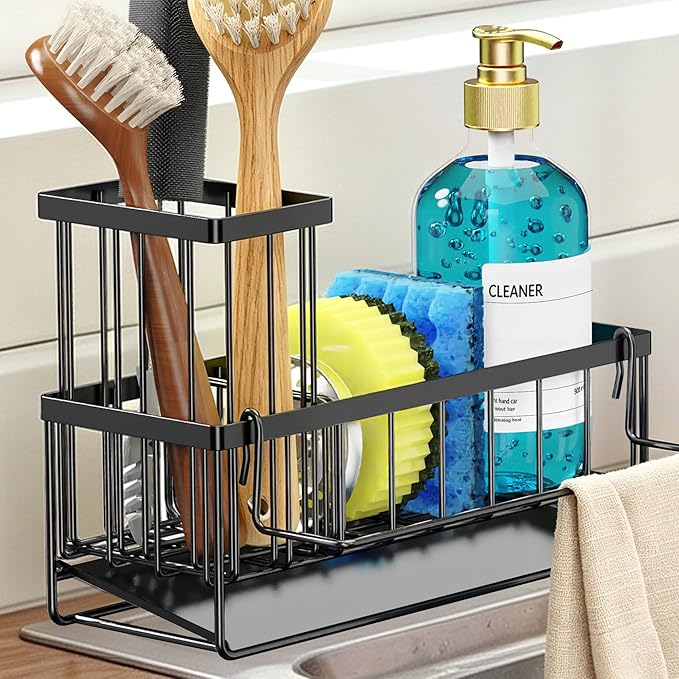 Sponge Holder for Kitchen Sink, Kitchen Sink Caddy, Kitchen Sink Sponge Holder, Dish Sponge Holder, Kitchen Sink Organizer for Sponge, Dish Brush, Scrubber(9.65" x 3.74" x 6.3", Black)