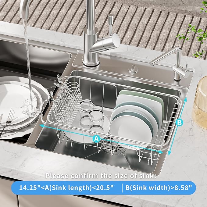 JAQ Over Sink Dish Drying Rack for Small Sink, Compact Expandable 14.25"–22.44", Adjustable 304 Stainless Steel Dish Drainer with Utensil Holder, Space Saving for Small Kitchen
