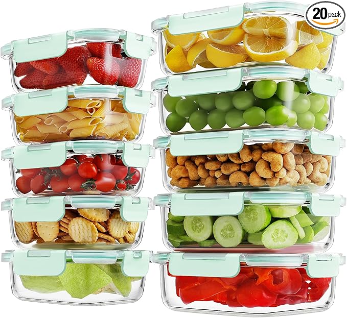 10 Pack Borosilicate Glass Meal Prep Containers with Locking Lids, Glass Food Storage Containers Set, Airtight Lunch Bento Boxes, BPA-Free & Leak Proof, 36oz & 14oz, Freezer, Oven Safe-Blue