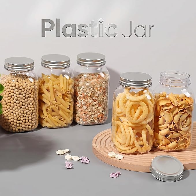 novelinks 32 oz Mason Jars with Plastic Lids, 16 Pack Large Plastic Salad Jars with Lids 32oz, Reusable Spice Containers & Kitchen Jars for Pantry Organization (16 Pack,Silver)