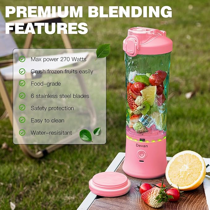 Portable Blender,270 Watt for Shakes and Smoothies Waterproof USB Rechargeable with 20 oz BPA Free Blender Cup and a Travel Lid. (Pink, 20 oz)