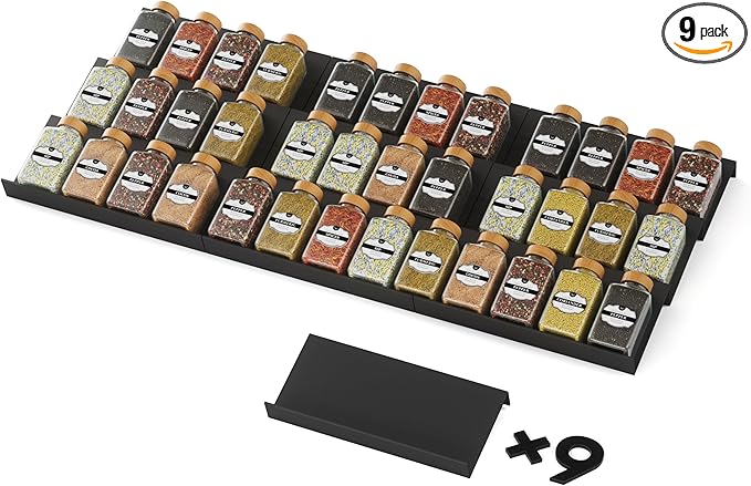 Spice Drawer Organizer, Spice Rack Tray for Kitchen Cabinet, Expandable Seasoning Storage Rack Insert for Drawer/Countertop,9 Pieces Set, ABS (Jars Not Included)