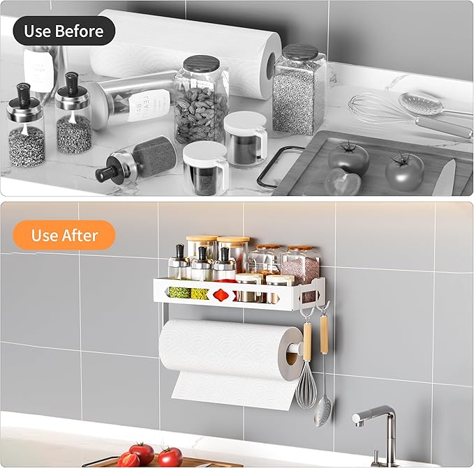 Paper Towel Holder with Shelf, One Hand Tear, Paper Towel Holder Wall Mount with 2 Detachable Hooks for Kitchen, Bathroom, White