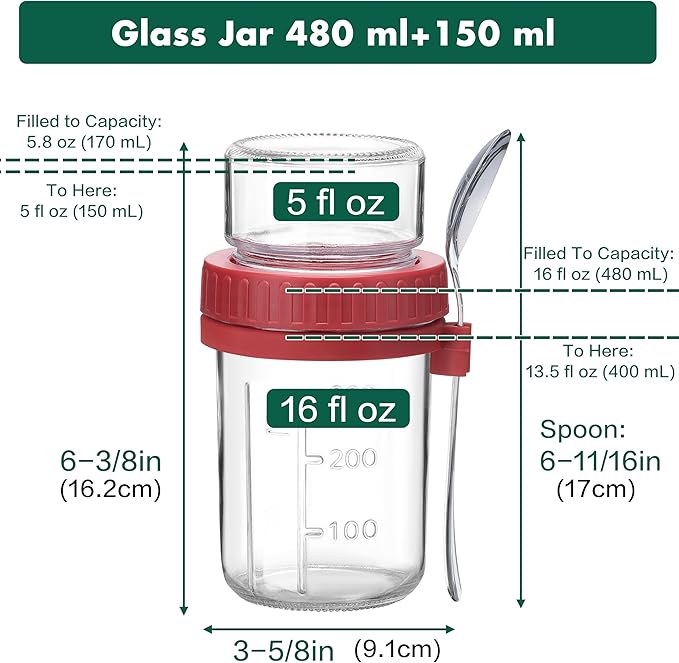 Danmu 2 Pack Overnight Oats Containers with Lids 21 oz (16+5),Dual-Layer Yogurt Parfait Cups with Lids,Meal Prep Containers Glass for Snack,Overnight Oats,Yogurt,Parfait,Salad Dishwasher Safe