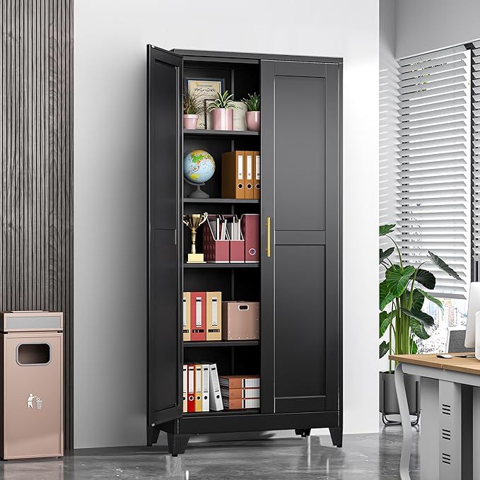 GAIOUS 71" Tall Metal Storage Cabinet with 2 Doors and 4 Adjustable Shelves, Kitchen Pantry Cabinet Black Freestanding Cupboard, 5 Tier Multifunctional Steel Storage for Office, Kitchen, Dining Room
