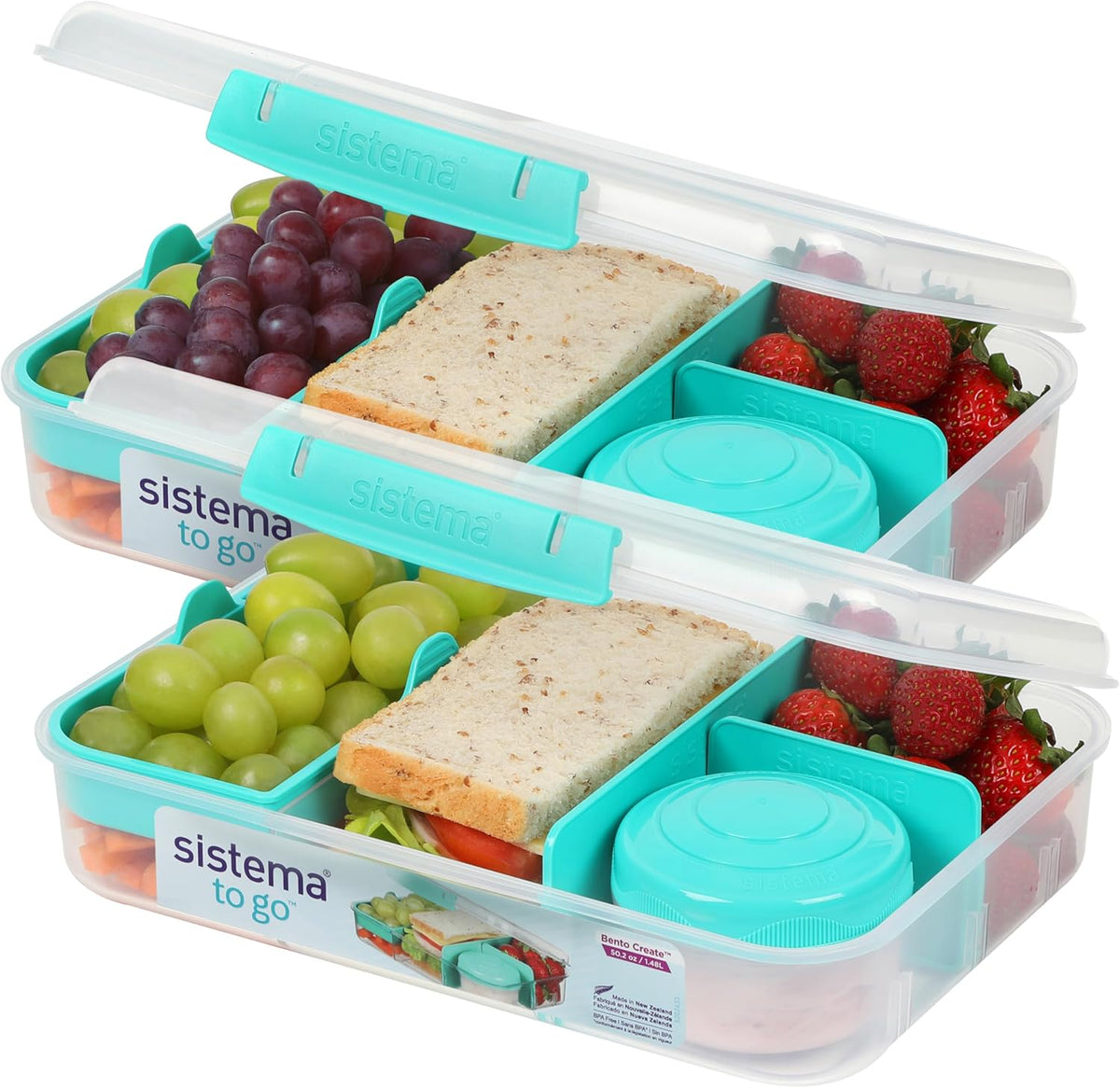 To Go 1.48L (2-Pack) Bento Box Food Storage Containers, School Lunch Boxes with Removable Dividers & Snack Pot, Two 1.48L Containers, Freezer, Microwave, & Dishwasher-Safe, BPA-Free