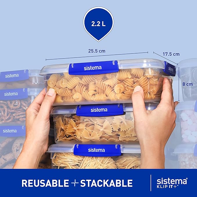Sistema KLIP IT+ 2.2L Rectangle Food Storage Containers (3-Pack), Stackable & Airtight Food Boxes with Lids, Dishwasher, Freezer, & Microwave-Safe, BPA-Free, School Lunch Boxes