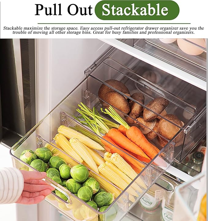 bealy 4 Pack Clear Storage Drawer Set, Stackable Fridge Drawer Organizer Fruit Vegetable Storage Containers for Kitchen Pantry Organization,BPA-Free
