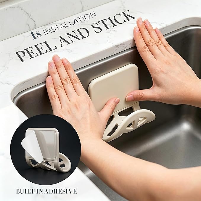 Flexible Sponge Holder for Kitchen Sink Adhesive - Bendable Silicone Sink Caddy 2 Pack, Metal Core Dish Scrubber Rack, Fold-Flat Organizer for Soap Brush Razor, Stone Wall Mount (Creamy White)