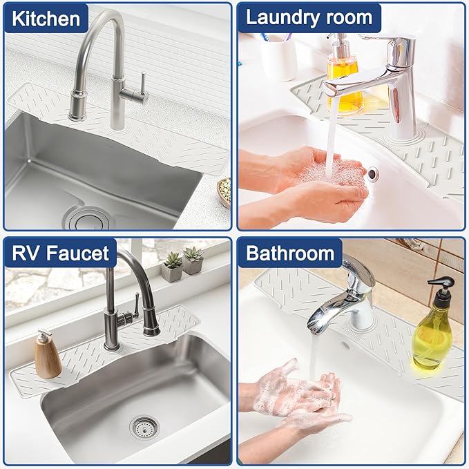 Faucet Mat for Kitchen Sink – 24” x 5.1” Extra-Long Silicone Splash Guard with 10° Slope & Upgraded Drainage – Gen 3 Sink Water Catcher & Sponge Holder for Kitchen, Bathroom (White)
