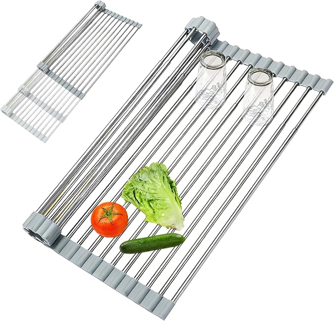 Expandable Roll-UP Dish Drying Rack-Large 304 Stainless Steel Dish Drainer Over The Sink for Kitchen Countertop,Extendable & Rollable & Food Grade (Silver,22.08'x 13.2')