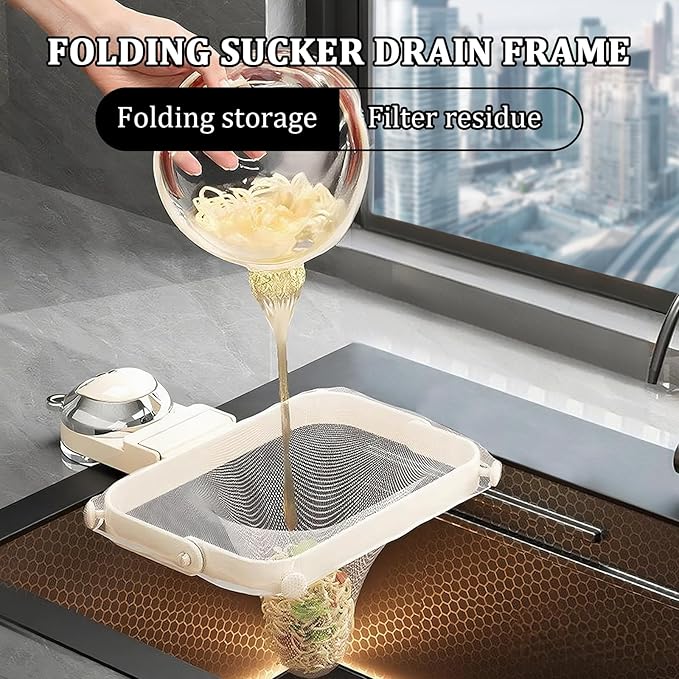 Foldable Kitchen Sink Strainer with Filter Mesh Bags, Food Waste Filter Basket, Suction Cup Folding Washing Vegetables and Fruits Drying Bag Holder (White)