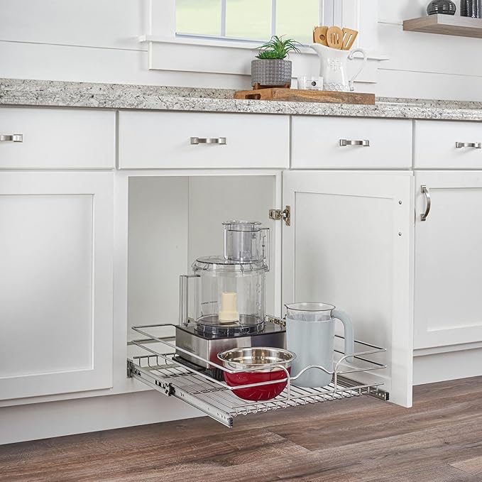 Rev-A-Shelf Steel Wire Pullout Drawer Organizer Shelf for Kitchen Cabinets, Slide Out Storage Basket, Min Opening Width of 14.5", 15" x 22", 5WB1-1522CR-1