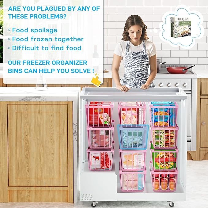 SUNALLY Freezer Organizer Bins, 8 Pack Stackable Chest Freezer Organizer for 5-7 Cu.FT Deep Freezer Sort Frozen Meats and Food, Freezer Storage Baskets with Handles Easy Reach from Bottom, Pink