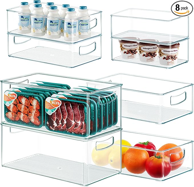 Heyuzb 8 PACK Freezer Organizer Bins Fridge Organizers and Storage Stackable Refrigerator Organizers Bins with Side Handles Clear Storage Bins for Pantry, Under Sink, Kitchen Cabinet