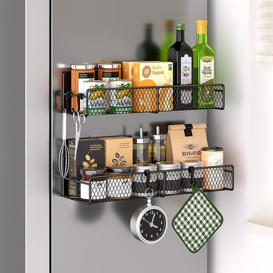Magnetic Spice Rack for Refrigerator, 2 Pack Metal Magnetic Shelf Black