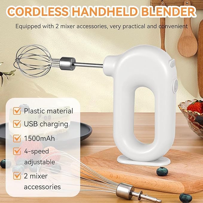 Cordless Hand Mixer, Handheld Egg Beater Electric Handheld 4 Speed Adjustable Mini Hand Mixer Electric Mixer, USB Charing, 1500mAh(White)