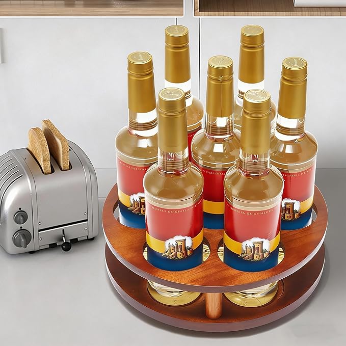 Wood Rotating Coffee Syrup Organizer, 7 Bottles Coffee Syrup Rack, Coffee Station Organizer with Large Base and Anti-Slip Pads