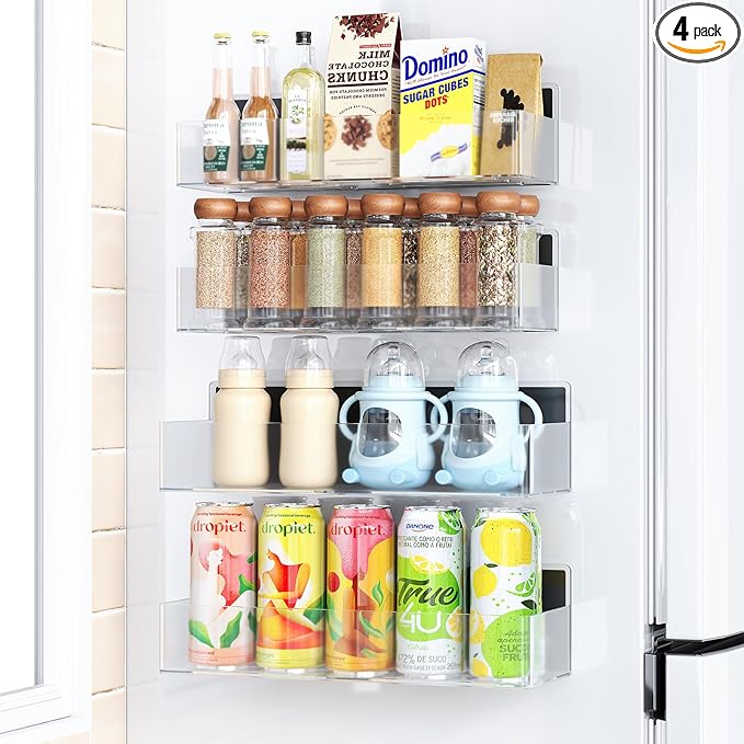 Mystozer Magnetic Spice Rack for Refrigerator, Kitchen Organizer and Storage Shelf, Clear(4 Pack)