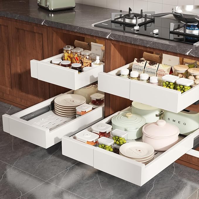Seinloes Pull Out Cabinet Organizer,4-Side Expandable to Maximize Cabinet Space,Slide Out Drawers with 3 Rail Design,Roll Out Shelf with Raising Pad for Framed Cabinet,11"-16"W x 17"-24"D,White,2 Pack