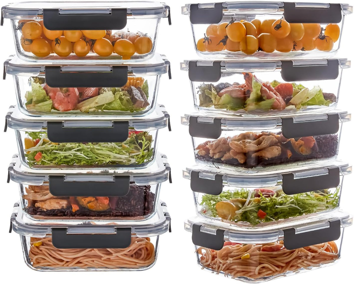 10 Pack 22 oz Glass Meal Prep Containers, Glass Food Storage Containers with Lids, Reusable Airtight Leakproof Lunch Bento Boxes Freezer, Microwave Oven and Dishwasher, Gray