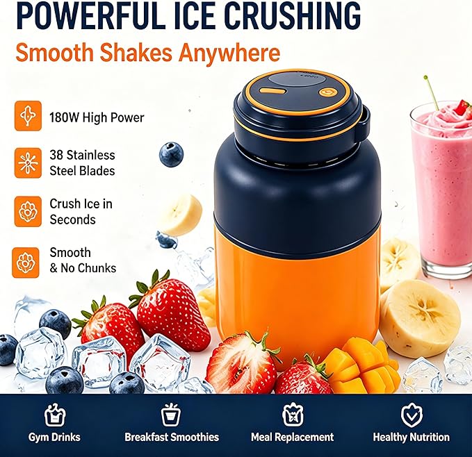 Portable Wireless Juicer Cup for Protein Shakes & Smoothies, 45oz USB-C Rechargeable Blender with 38 Stainless Steel Blades for Ice, Frozen Fruit, Gym, Travel & Camping (Blue, 27, Fluid Ounces)